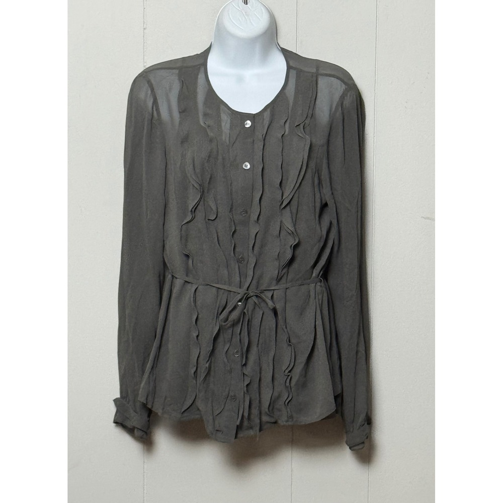 Helios & Luna Women Charcoal Gray 100% Silk Ruffle Button Front Blouse Set Sz 10